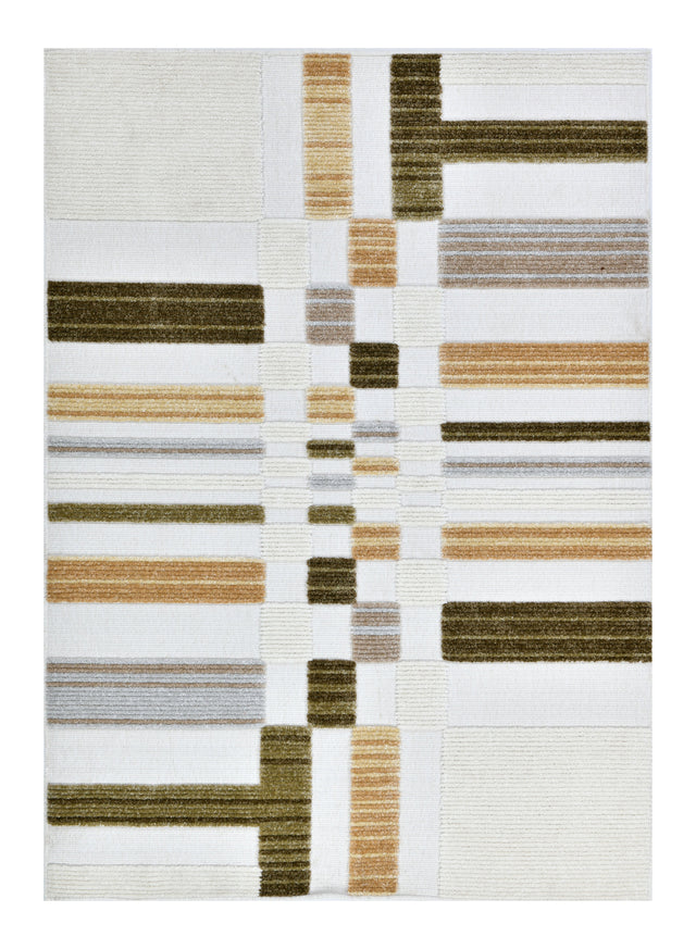 TIA 103 Microfiber Chenille Area Rug - Cream Boho High-Low Texture, Mustard Green Beige (5' 3" X 7' 6" / 1 Rug)