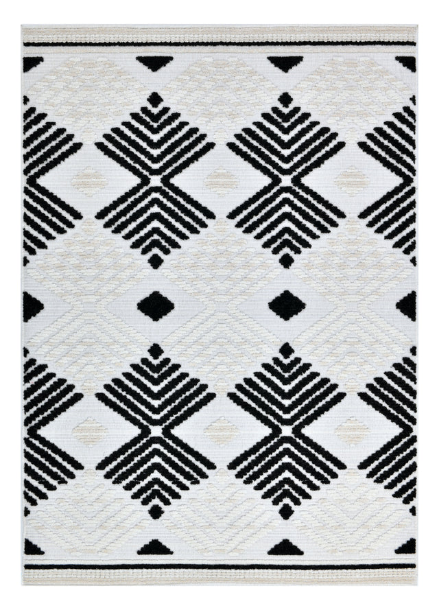 TIA 107 Microfiber Chenille Area Rug - Soft Cream, Beige Tones, Bohemian Black & Brown High-Low Motif (Anthracite)