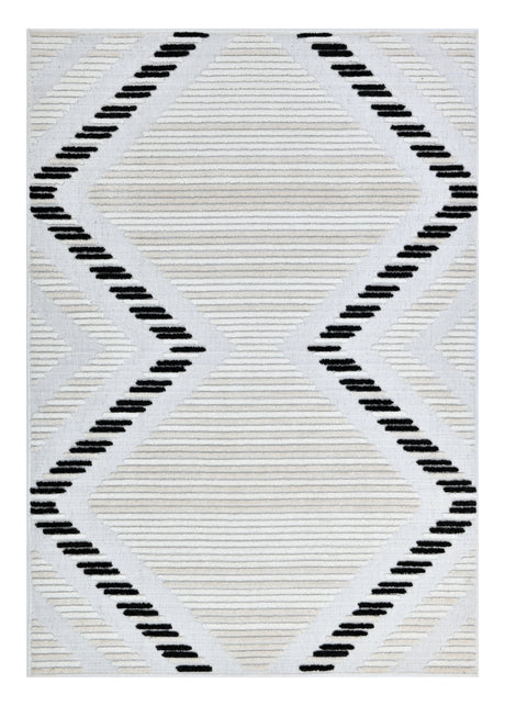 TIA 109 Microfiber Chenille Area Rug Fabric - Soft Cream, Black/Beige Bohemian Motif, High-Low Detail (1 Rug)