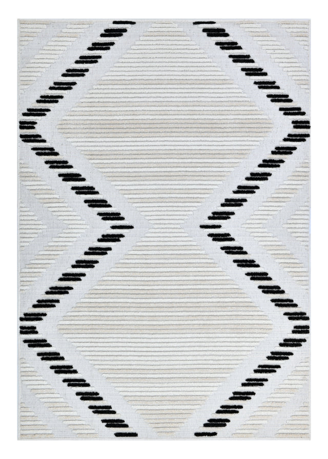TIA 109 Microfiber Chenille Area Rug Fabric - Soft Cream, Black/Beige Bohemian Motif, High-Low Detail (1 Rug)