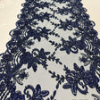 Navy Sequin Lace Fabric With Embroideries On Mesh VT-18 - Navy, Embroidered Sequin Lace, 52" Width