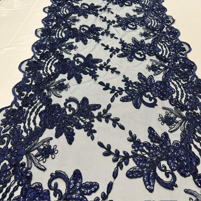 Navy Sequin Lace Fabric With Embroideries On Mesh VT-18 - Navy, Embroidered Sequin Lace, 52" Width