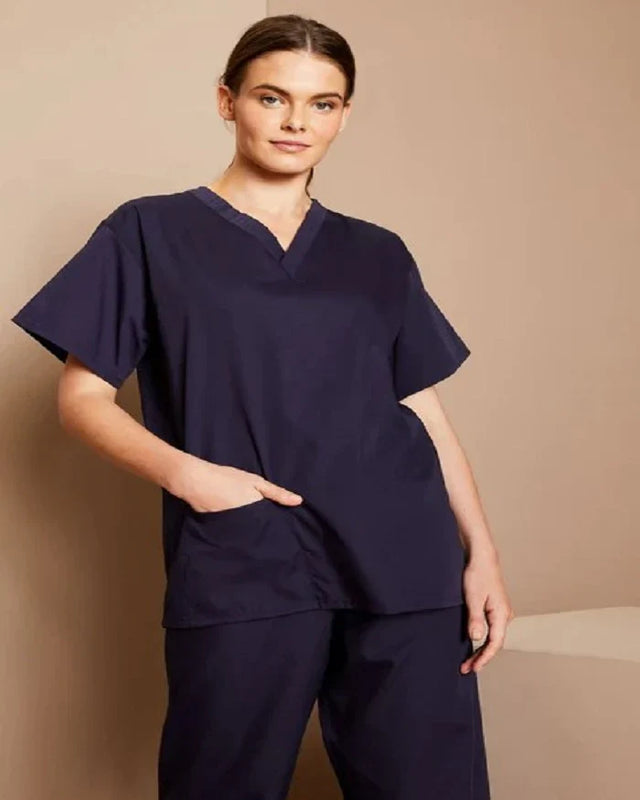 Scrubs Cotton Blend Fabric - Navy, V-Neck, Top And Bottom Set, 3 Pockets Top, 2 Pockets Bottom, All Sizes (1 Set)