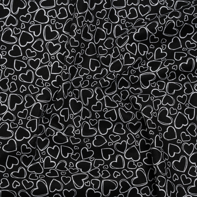 Printed Quilting Cotton by Patrick Lose for Northcott - White on Black Doodle Hearts - Basically Black & White Collection
