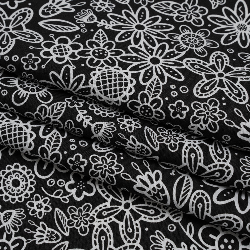 Printed Quilting Cotton by Patrick Lose for Northcott - Negative Groovy Garden Floral - Basically Black & White Collection