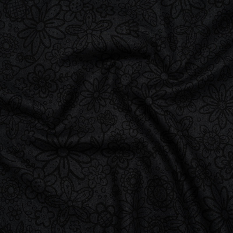 Printed Quilting Cotton by Patrick Lose for Northcott - Black on Black Groovy Garden Floral - Basically Black & White Collection