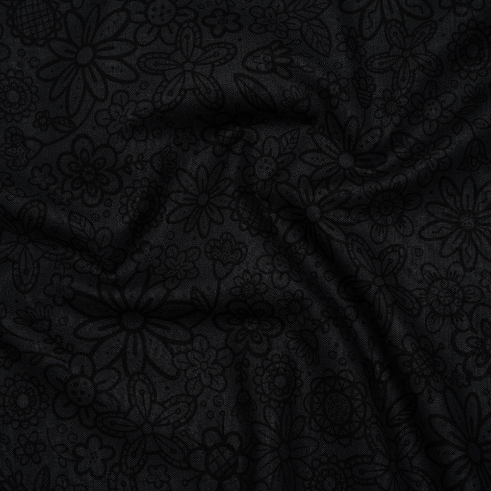 Printed Quilting Cotton by Patrick Lose for Northcott - Black on Black Groovy Garden Floral - Basically Black & White Collection