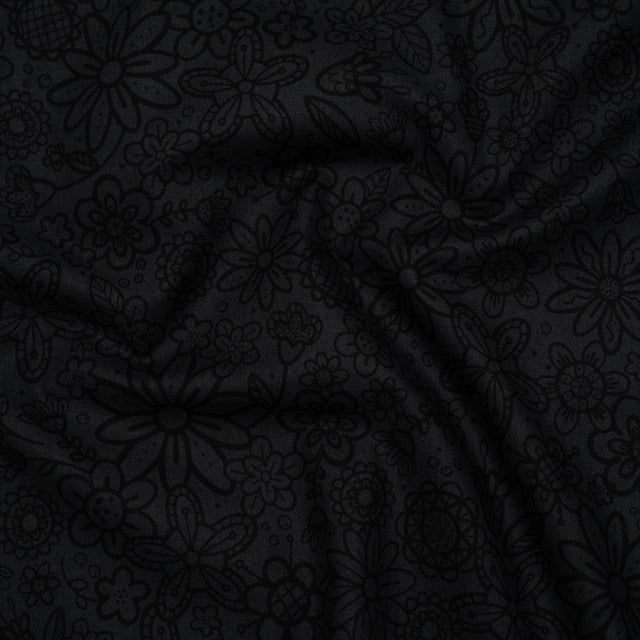 Printed Quilting Cotton by Patrick Lose for Northcott - Black on Black Groovy Garden Floral - Basically Black & White Collection