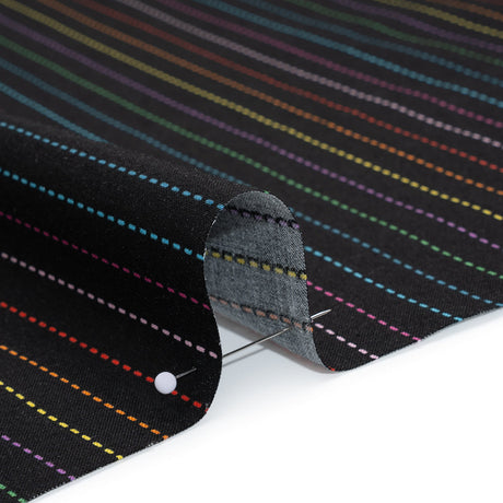 Printed Quilting Cotton by Ghazal Razavi for FIGO Studio - Black and Rainbow Dashed Stripes - Dusk Collection