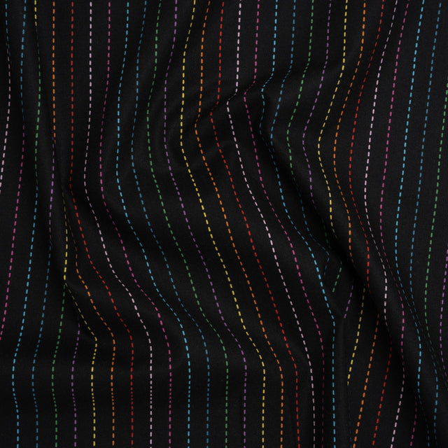 Printed Quilting Cotton by Ghazal Razavi for FIGO Studio - Black and Rainbow Dashed Stripes - Dusk Collection