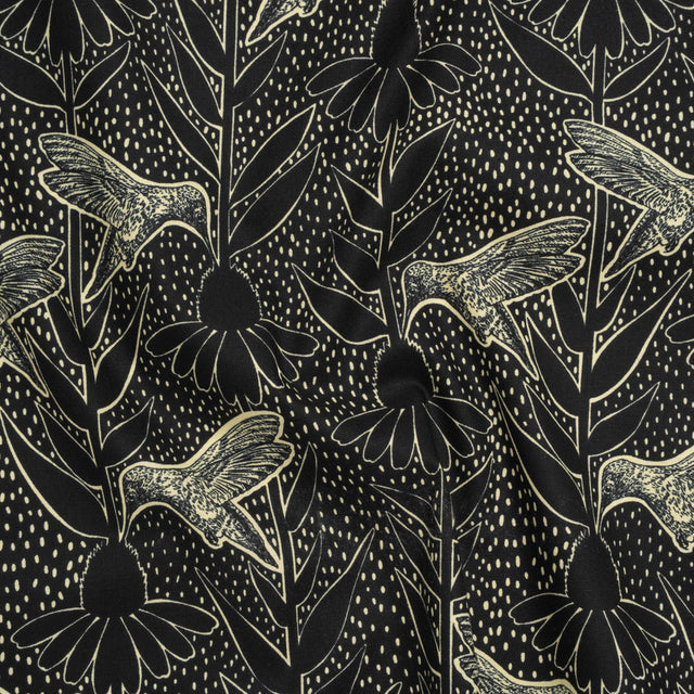 Printed Quilting Cotton by Anna Maria Textiles for Northcott - Black Hummingbirds and Coneflowers - Indelible Ink Collection