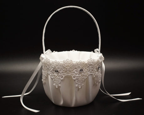 White Venise Lace Flower Girl Basket with Rhinestones Wedding