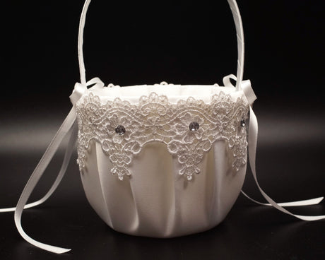 White Venise Lace Flower Girl Basket with Rhinestones Wedding