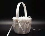 White Venise Lace Flower Girl Basket with Rhinestones Wedding