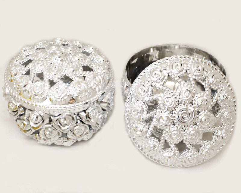 2.5" Silver Round Rose Carved Plastic Favor Box - Pack of 12