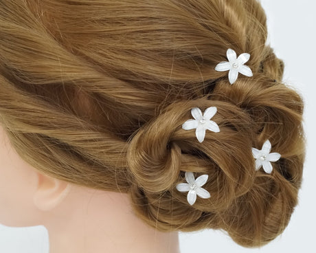 White Acrylic Flower Hair Pins Rhinestone Center 72 Pack