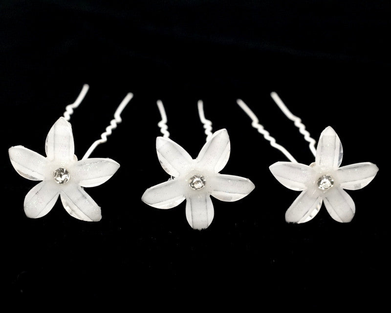 White Acrylic Flower Hair Pins Rhinestone Center 72 Pack