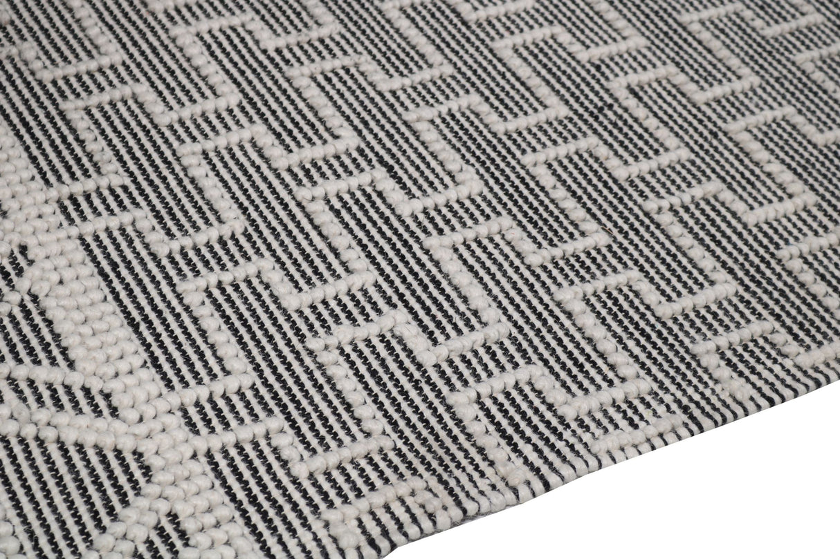 Noor Rug Collection Wool Cotton Blend Fabric - White Black, Hand Made Bohemian, 9' X 12' (1 Piece)