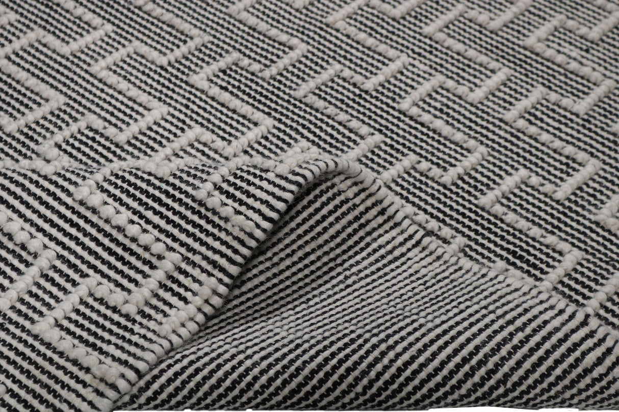 Noor Rug Collection Wool Cotton Blend Fabric - White Black, Hand Made Bohemian, 9' X 12' (1 Piece)