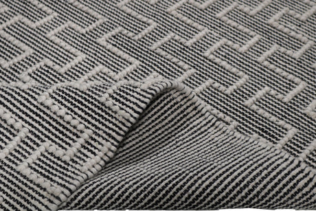 Noor Rug Collection Wool Cotton Blend Fabric - White Black, Hand Made Bohemian, 9' X 12' (1 Piece)