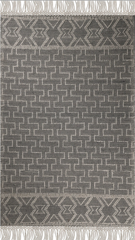 Noor Rug Collection Wool Cotton Blend Fabric - White Black, Hand Made Bohemian, 9' X 12' (1 Piece)