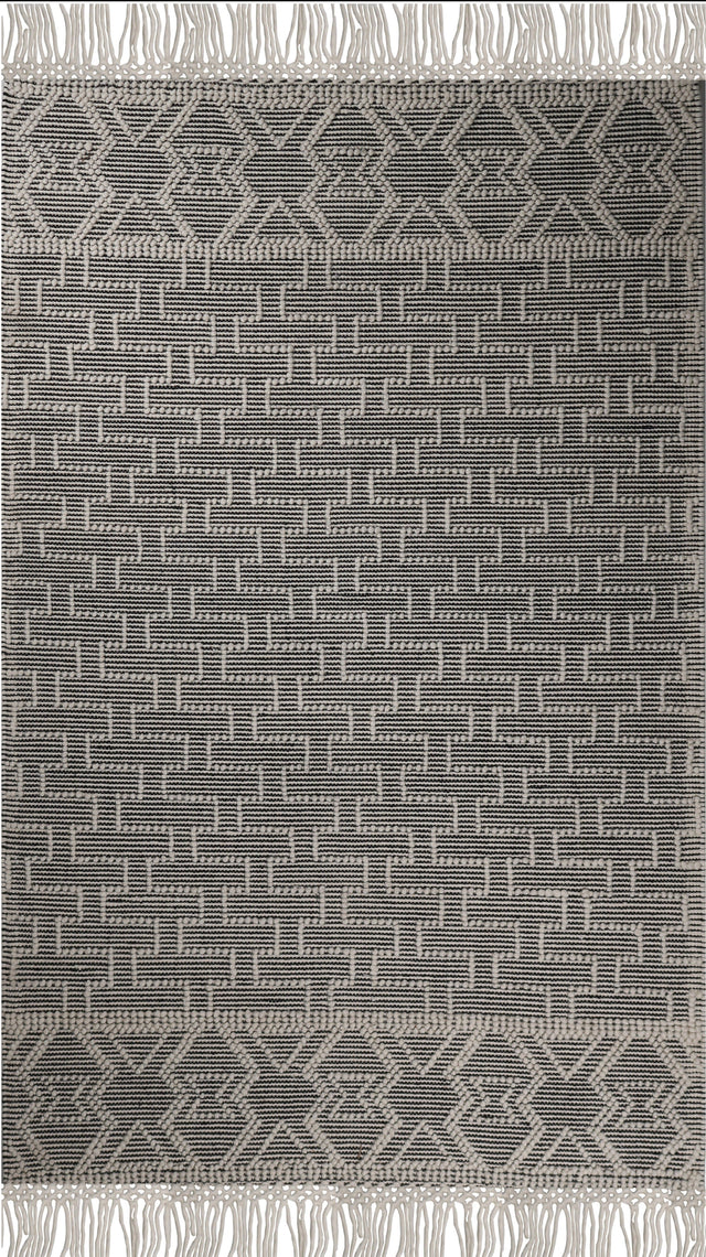 Noor Rug Collection Wool Cotton Blend Fabric - White Black, Hand Made Bohemian, 9' X 12' (1 Piece)