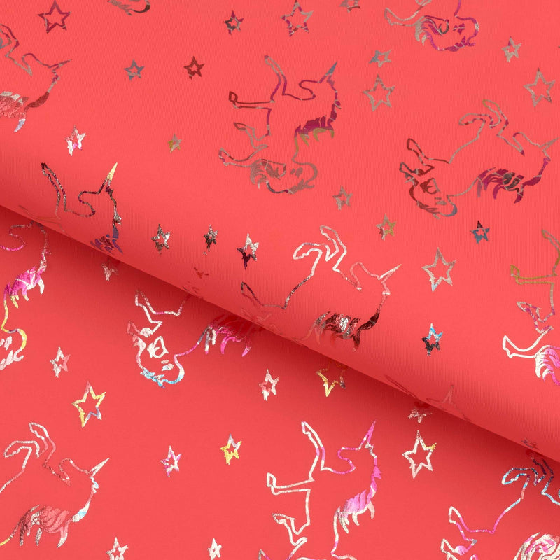 Unicorns Foil In Pink Printed Nylon Spandex Fabric - Pink Unicorn Foil Print, 57" Width (1 Yard)