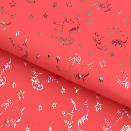 Unicorns Foil In Pink Printed Nylon Spandex Fabric - Pink Unicorn Foil Print, 57" Width (1 Yard)