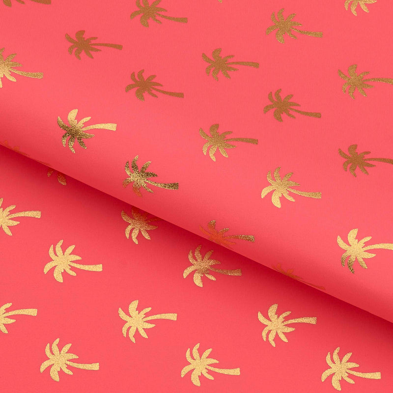 Palm Trees Foil In Pink Nylon Spandex Fabric - Gold/Pink Palm Trees Foil, 57" Width (1 Yard)