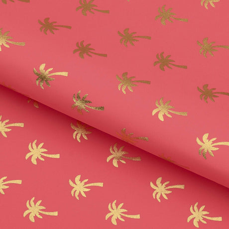 Palm Trees Foil In Pink Nylon Spandex Fabric - Gold/Pink Palm Trees Print, 57" Width (1 Yard)