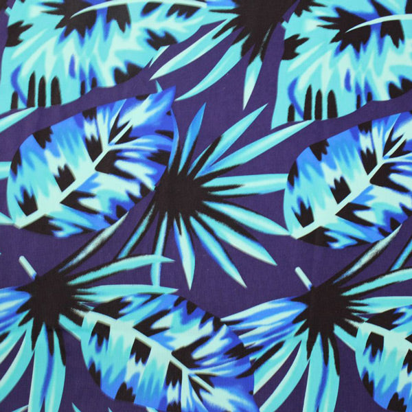 Miami Vice Palm Leaves Printed Nylon Spandex Fabric - Blue Palm Leaves Print, 55/56" Width (1 Yard)