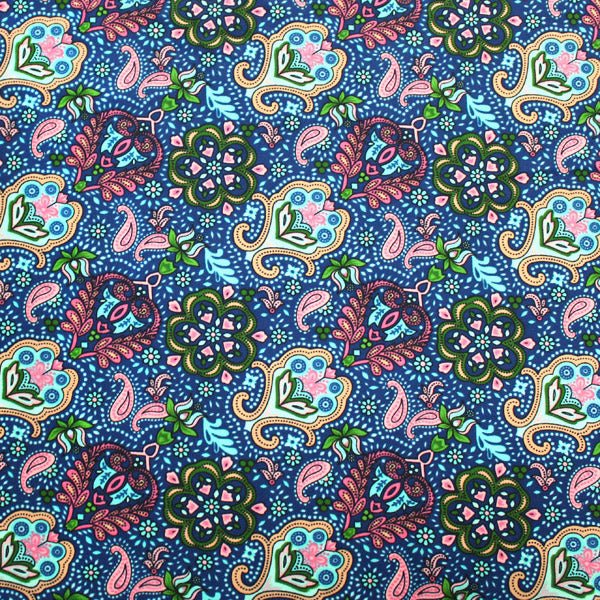 Printed Spandex Paisley Hamsa Blue