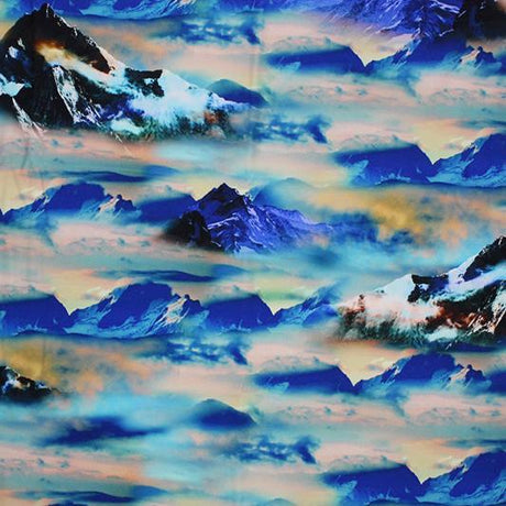 Cloudy Mountain Range Printed Nylon Spandex Fabric - Mountain Range Print, Orange/Blue, 55/56" Width (1 Yard)