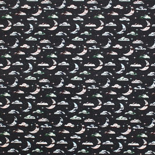 Crescent Moon Sky Nylon Spandex Fabric - Blue Moon, Crescent Moon Print, 55/56" Width (1 Yard)
