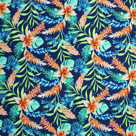 Printed Spandex Tropical Leaves Navy