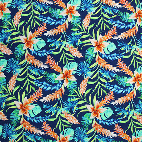 Tropical Leaves On Navy Nylon Spandex Fabric - Navy Tropical Leaves Print, 55/56" Width (1 Yard)