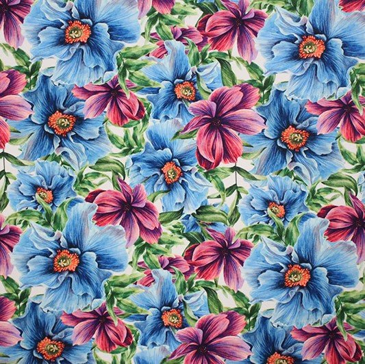Floral Gems Printed Nylon Spandex Fabric - Blue Floral Gems Print, 55/56" Width (1 Yard)