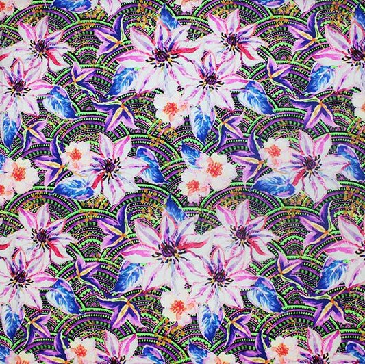 Printed Spandex Electric Lilies Blue