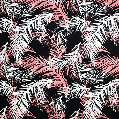 Pink Palms On Black Printed Nylon Spandex Fabric - Black, Pink Palm Print, 55/56" Width (1 Yard)