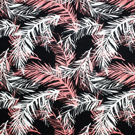 Pink Palms On Black Printed Nylon Spandex Fabric - Black, Pink Palm Print, 55/56" Width (1 Yard)