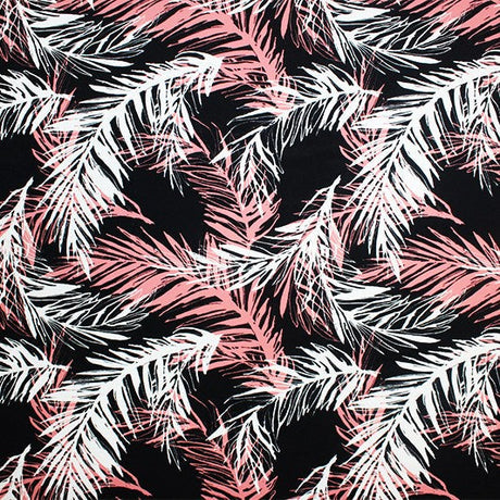 Pink Palms On Black Printed Nylon Spandex Fabric - Black, Pink Palm Print, 55/56" Width (1 Yard)