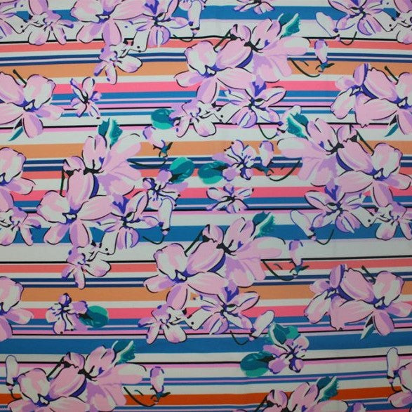 Flowers On Stripes Printed Nylon Spandex Fabric - Blue Floral Stripe Print, 55/56" Width (1 Yard)