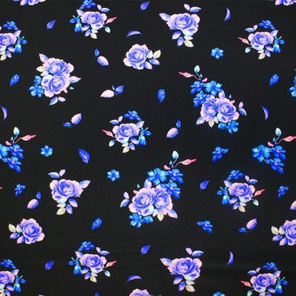 Blue Rose Printed Nylon Spandex Fabric - Blue Rose Print, 55/56" Width (1 Yard)