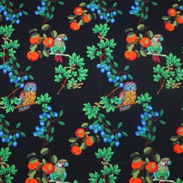 Birds And Fruits Printed Nylon Spandex Fabric - Multicolor Birds And Fruits Print, 55/56" Width (1 Yard)