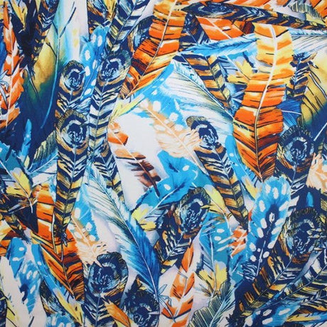 Blue Feathers Nylon Spandex Fabric - Blue Feather Print, 58/60" Width (1 Yard)