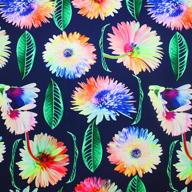 Rainbow Daisy Printed Nylon Spandex Fabric - Blue Daisy Print, 55/56" Width (1 Yard)