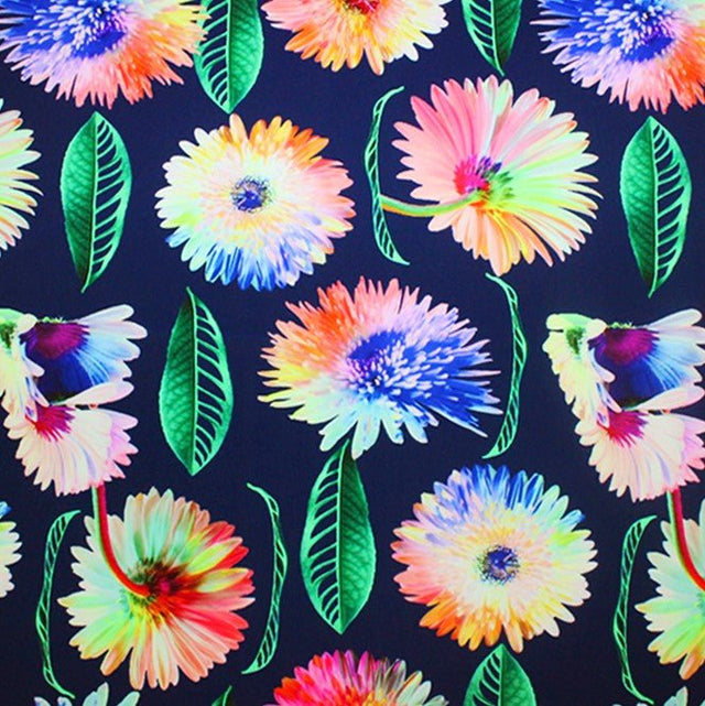 Rainbow Daisy Printed Nylon Spandex Fabric - Blue Daisy Print, 55/56" Width (1 Yard)
