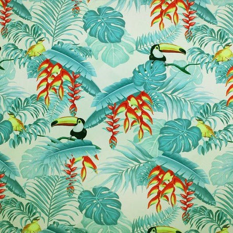 Toucans In Jungle Printed Nylon Spandex Fabric - Toucans In Jungle Print, Blue, 55/56" Width (1 Yard)