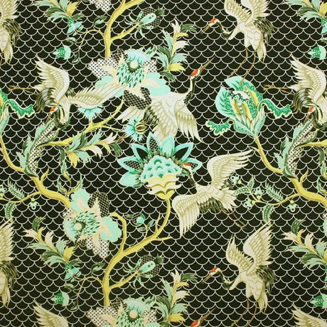 Red Crown Crane Printed Nylon Spandex Fabric - Black/Mint, White/Blue, 55/56" Width (1 Yard)