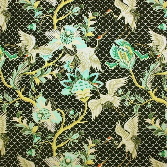 Red Crown Crane Nylon Spandex Fabric - Printed, Black/Mint, White/Blue, 55/56" Width (1 Yard)